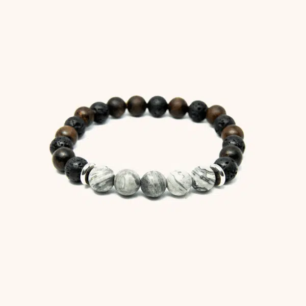 צמיד חרוזים Volcano אבני לבה ועץ בשילוב אבנים אפורות