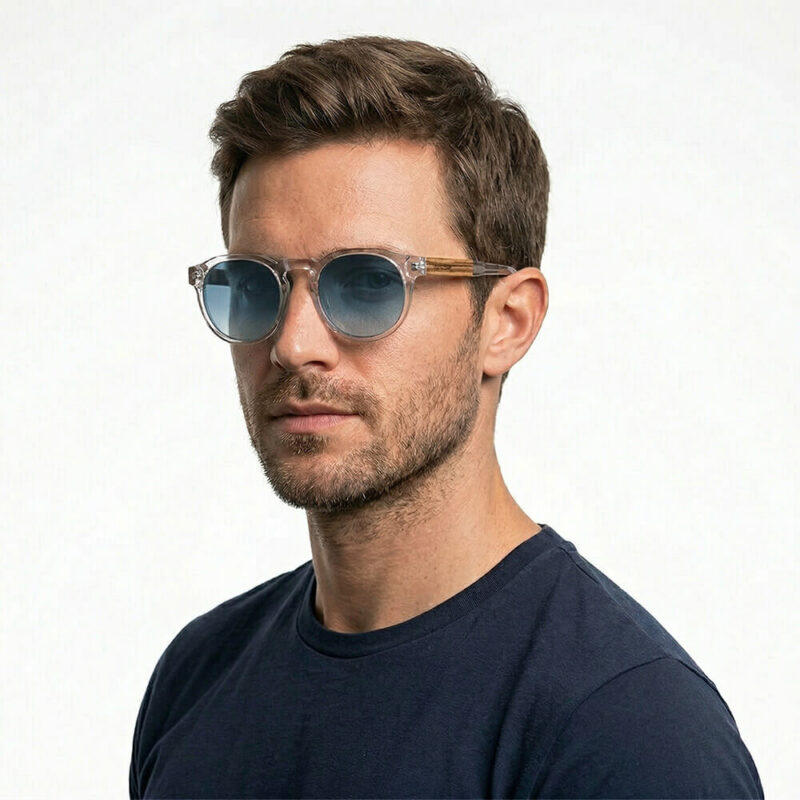Sumatra sunglasses with blue lenses - clear transparent acetate with recycled wood temples