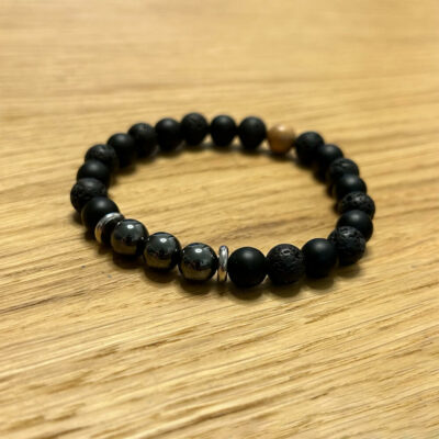 Beaded Bracelet Black Onyx, Lava and Metal Beads