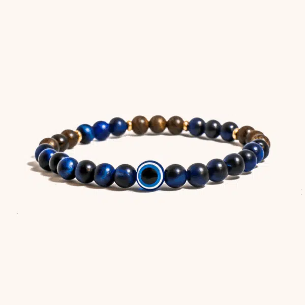 Wristband Evil Eye with Blue Tiger Eye and Gold Silk Sandalwood