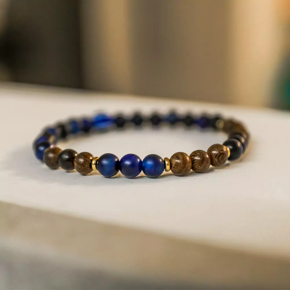 Wristband Evil Eye with Blue Tiger Eye and Gold Silk Sandalwood