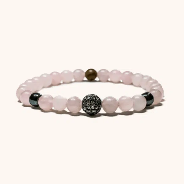 Women's Wristband with Rose Quartz, Hematite and Wood