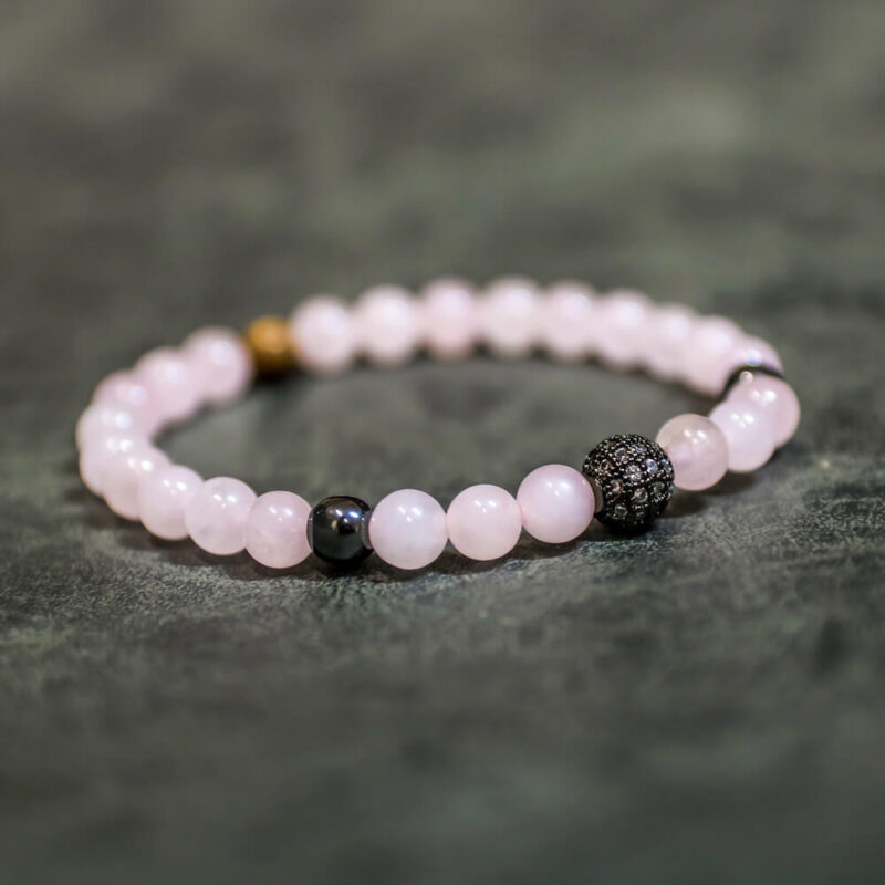 Women's Wristband with Rose Quartz, Hematite and Wood