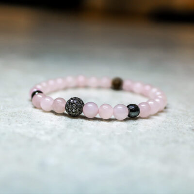 Women's Wristband with Rose Quartz, Hematite and Wood