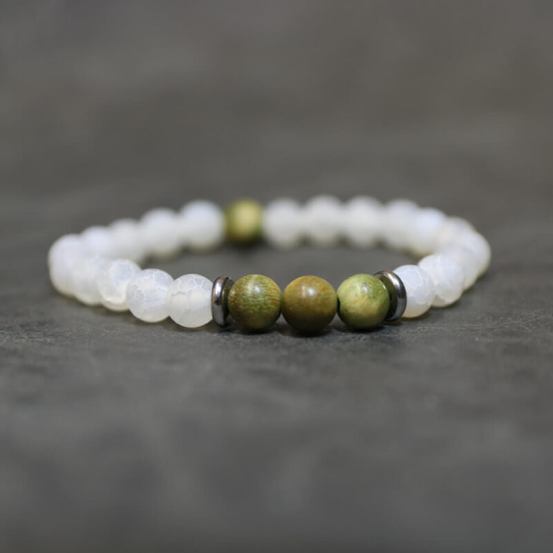 Wristband with White Agate and Green Wood - natural stone stacking example