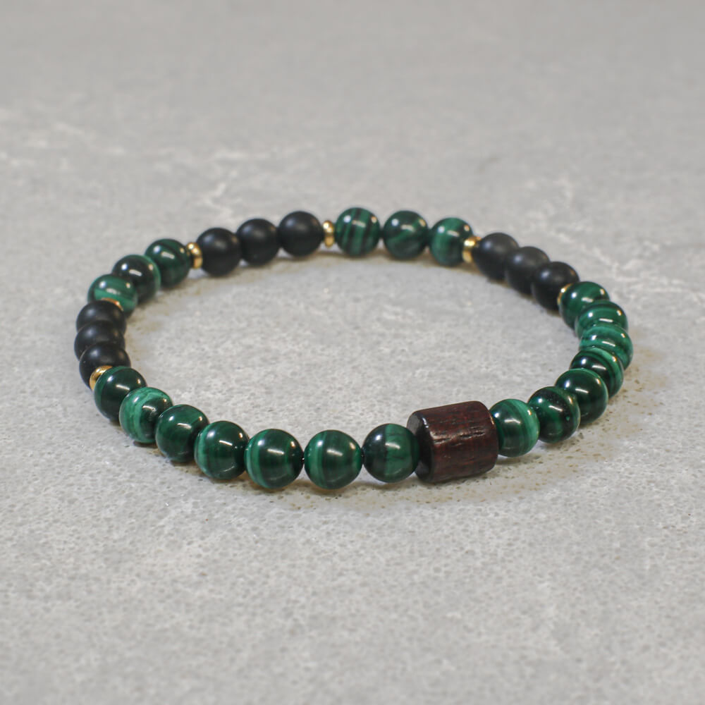 Beaded Bracelet with Malachiteת Black Onyx and Ebony Wood