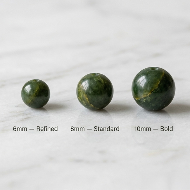 Bracelet bead sizes compared - 6mm, 8mm and 10mm natural stone