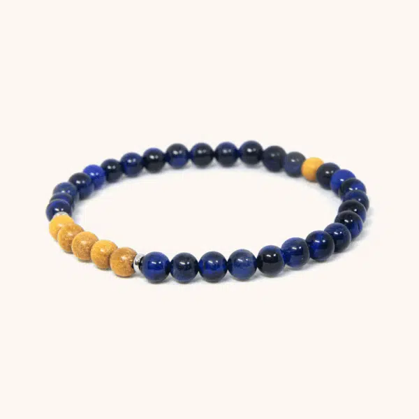 צמיד טייגר איי כחול וחרוזי עץ צהוב