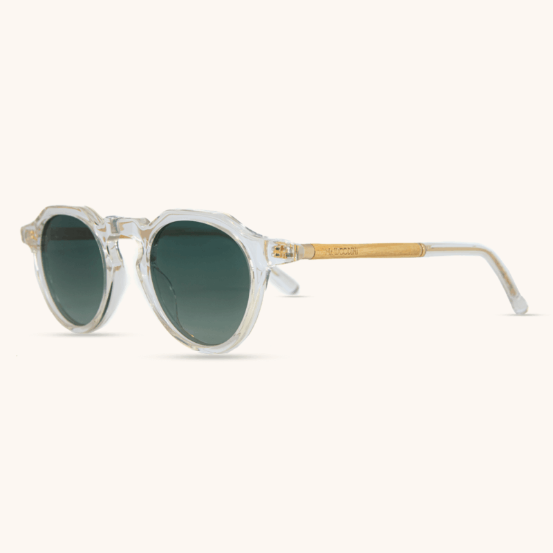Akira Sunglasses - Transparent Frame with Slim Oak Wood Temples - Green Lenses