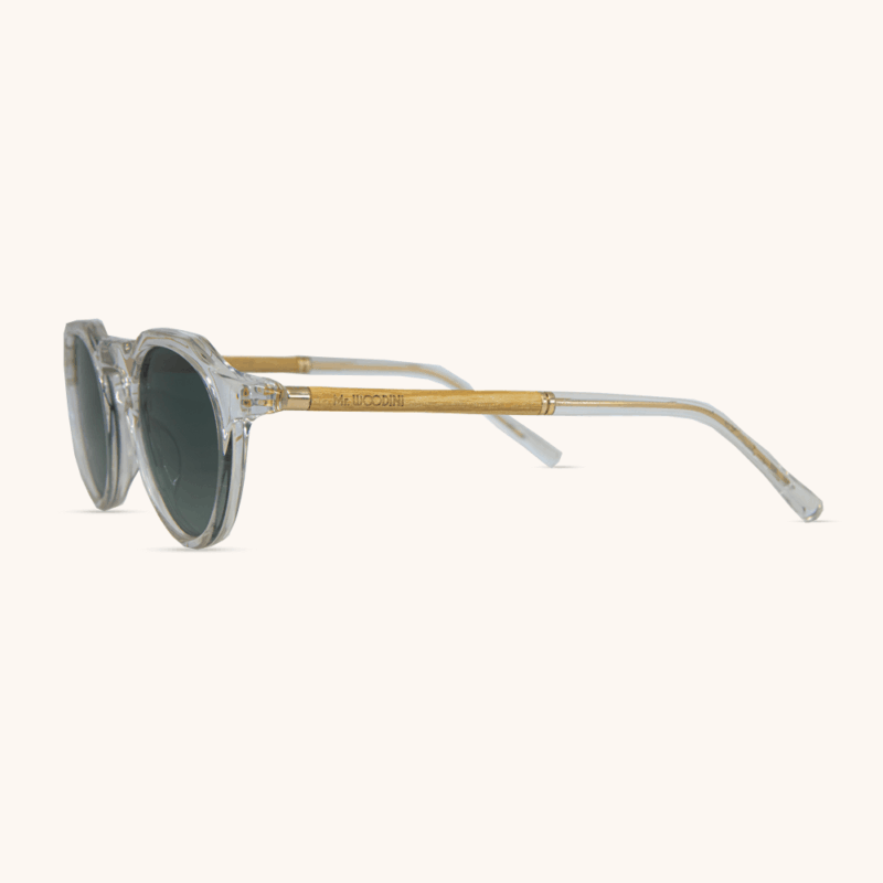 Akira Sunglasses - Transparent Frame with Slim Oak Wood Temples - Green Lenses