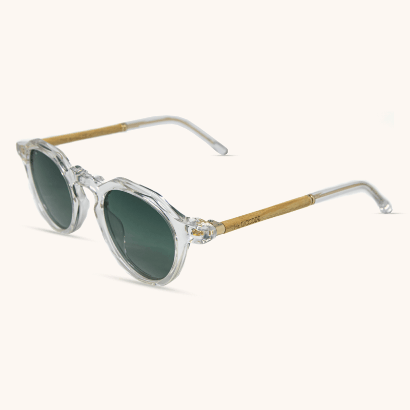 Akira Sunglasses - Transparent Frame with Slim Oak Wood Temples - Green Lenses