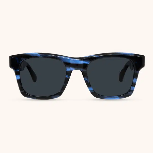 Square Sunglasses in Dark Blue Tones with Ebony Wood Temples - Alpha Model Blue Waves Color