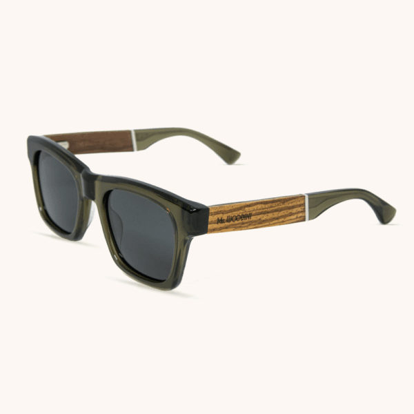Square Sunglasses in Olive Green with Yellow Zebra Wood Temples