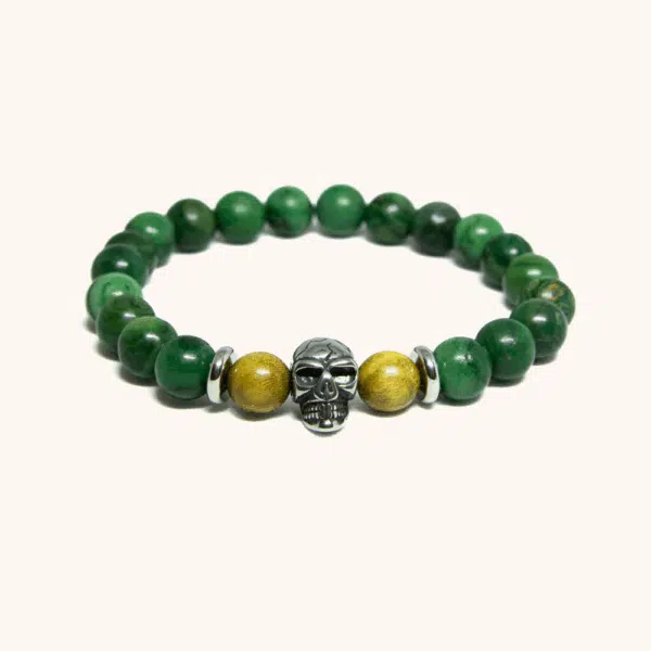 Skull Bracelet with Green Jade and Green Sanalwood (8mm)