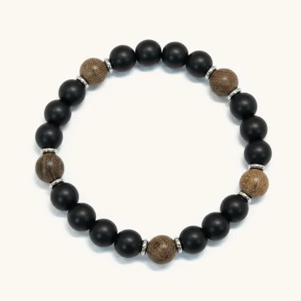 צמיד אוניקס שחור ועץ וונגה מט אלגנטי 8mm