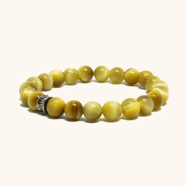 צמיד טייגר איי צהוב עם חרוז נירוסטה מעוטר (8mm)