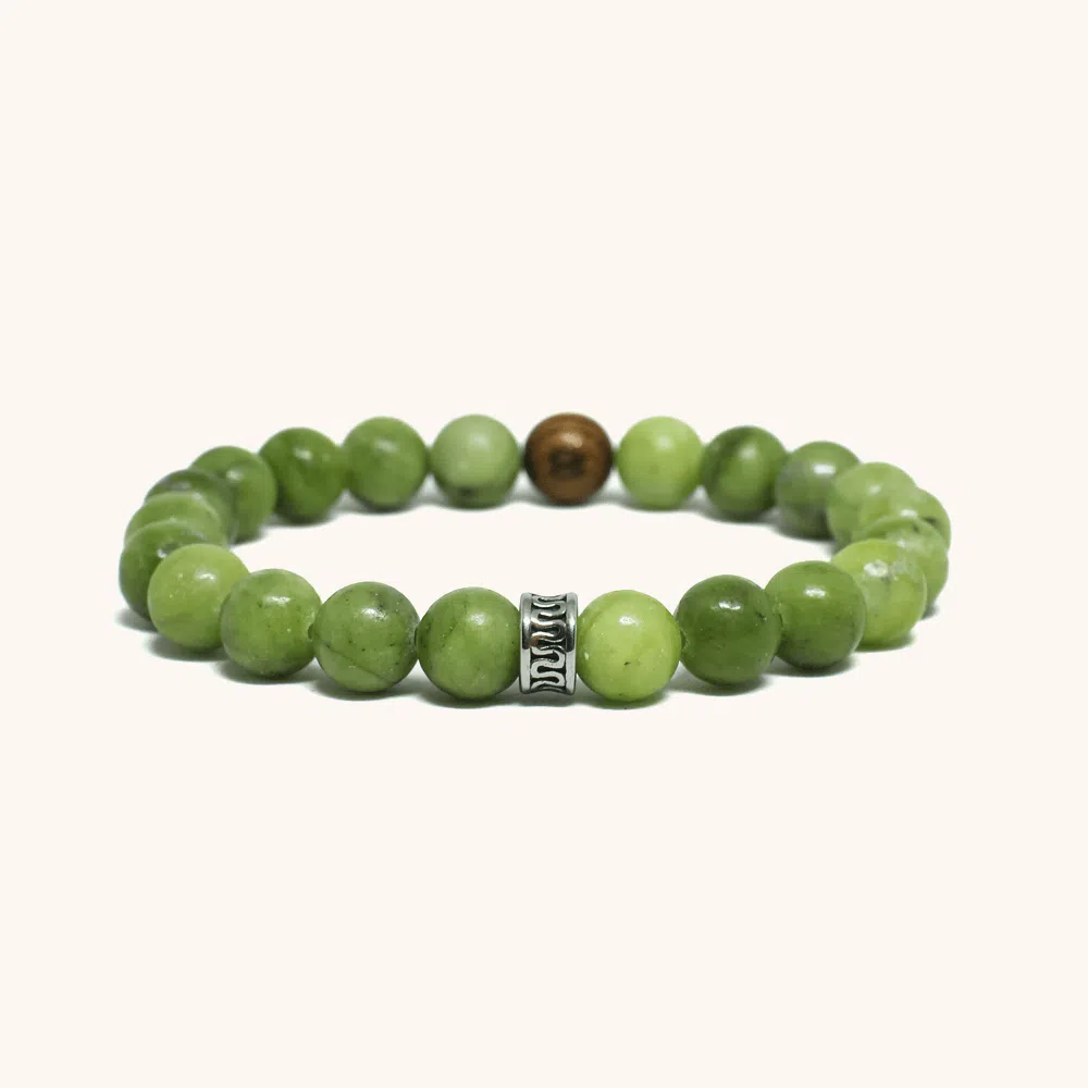 Green Canadian Jade Stone Bracelet with 316L Steel Engraved Bead (8mm)