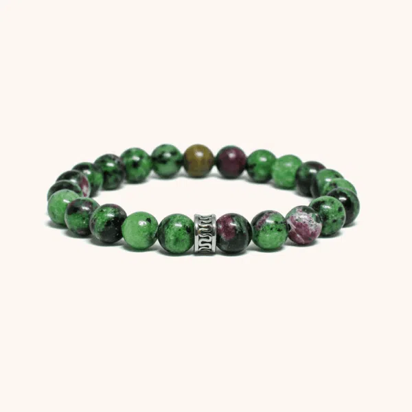 Ruby Zoisite Bracelet with Green Sandalwood and 316L Steel Engraved Bead (8mm)