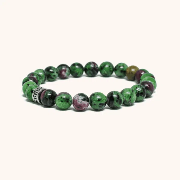 Ruby Zoisite Bracelet with Green Sandalwood and 316L Steel Engraved Bead (8mm)