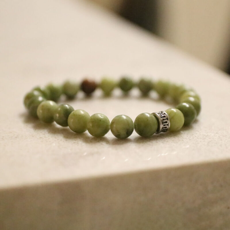 Green Canadian Jade Bracelet with Engraved Steel Bead (8mm)