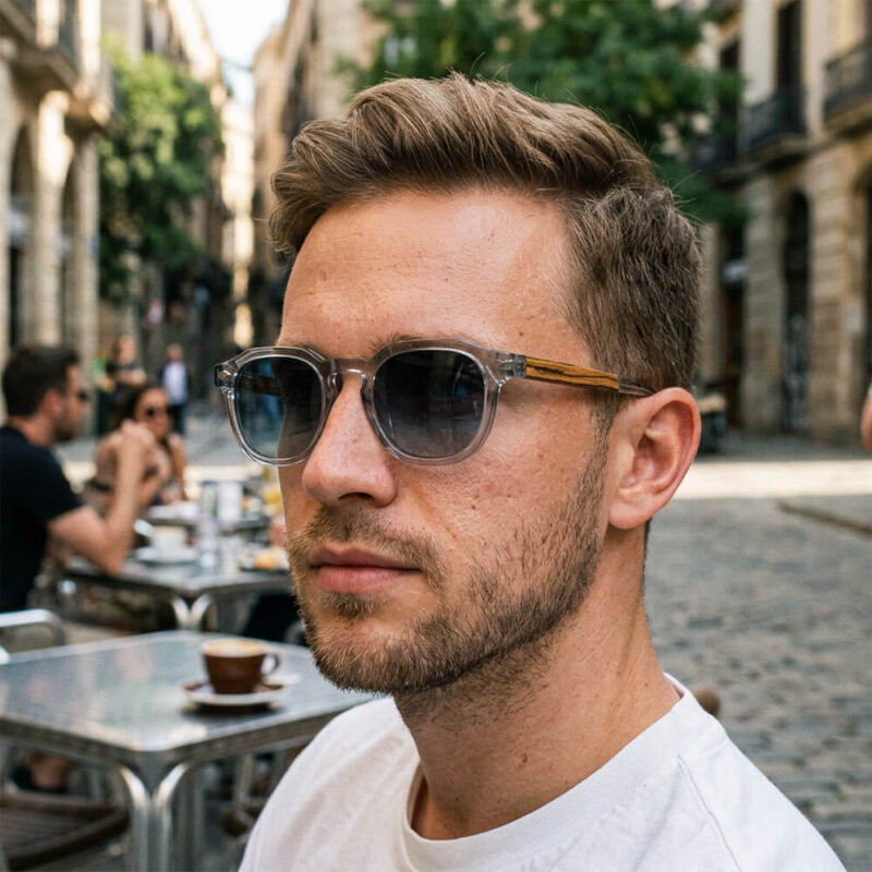 Porto sunglasses with blue lenses - acetate frame with recycled wood temples
