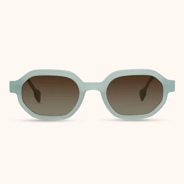 Mr. Woodini Drift sustainable sunglasses in Milky Cyan bio-acetate frame featuring warm walnut wood inlays and gradient brown polarized lenses.