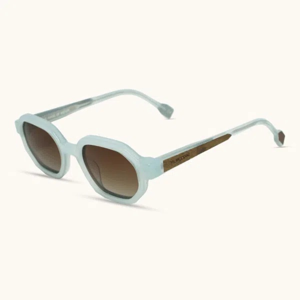 Mr. Woodini Drift sustainable sunglasses in Milky Cyan bio-acetate frame featuring warm walnut wood inlays and gradient brown polarized lenses.