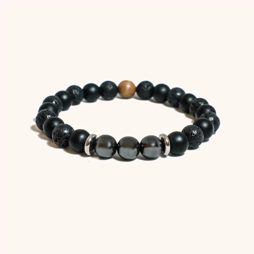 Beaded Bracelet Black Onyx, Lava and Metal Beads