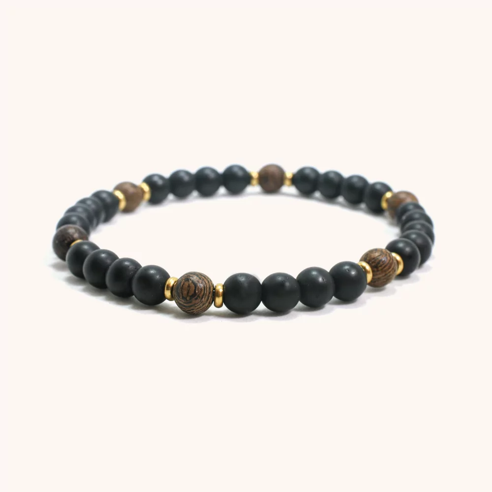Black Onyx & Wenge Wood Bracelet with Gold Accents