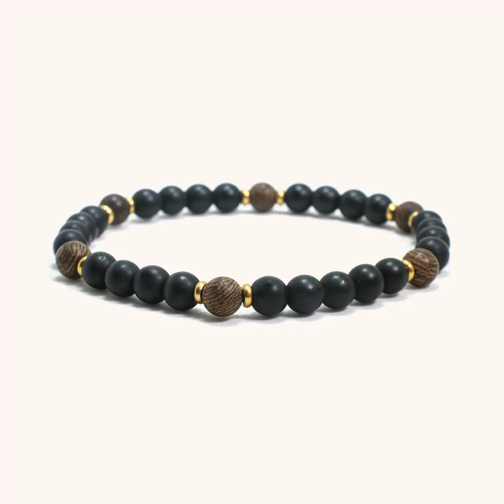 Black Onyx & Wenge Wood Bracelet with Gold Accents