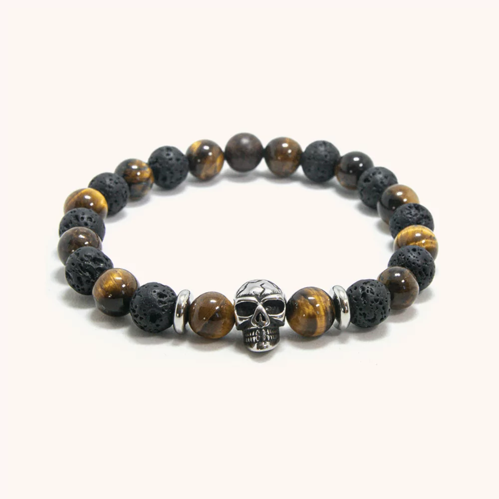 Silver Skull Bracelet with Tiger's Eye & Black Lava Stones