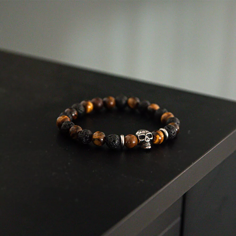 Silver Skull Bracelet with Tiger's Eye & Black Lava Stones