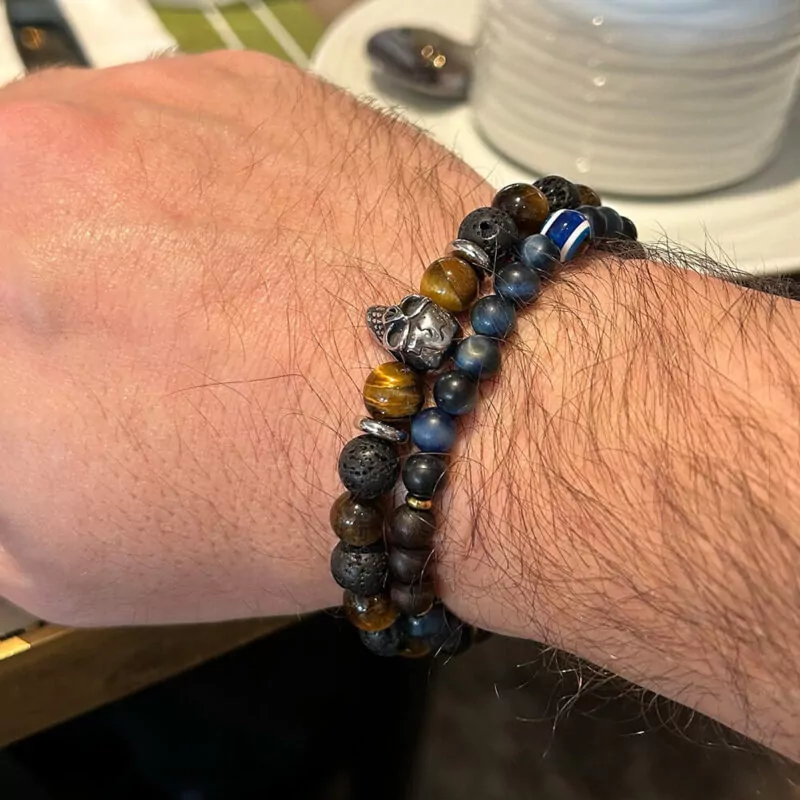 Silver Skull Bracelet with Tiger's Eye & Black Lava Stones