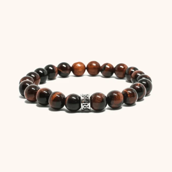 צמיד טייגר איי אדום עם חרוז נירוסטה מעוטר (8mm)