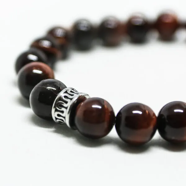 צמיד טייגר איי אדום עם חרוז נירוסטה מעוטר (8mm)