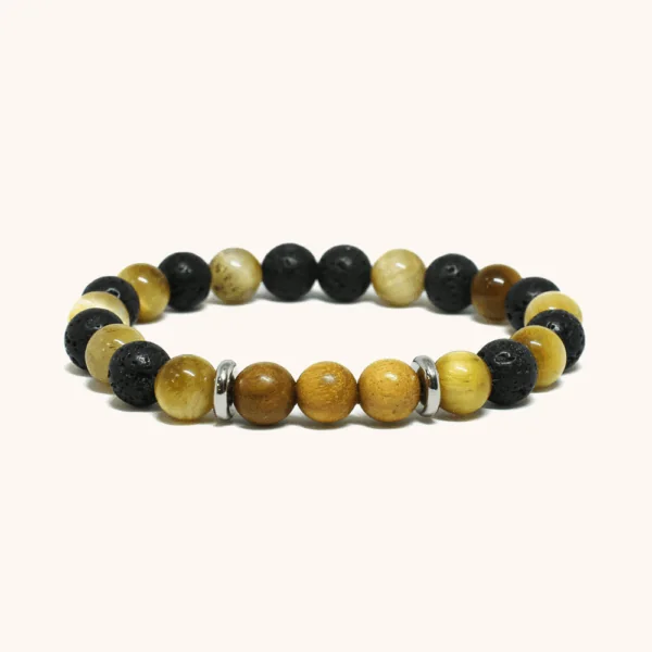 צמיד חרוזים טייגר איי צהוב, לבה ועץ כתום (8mm)